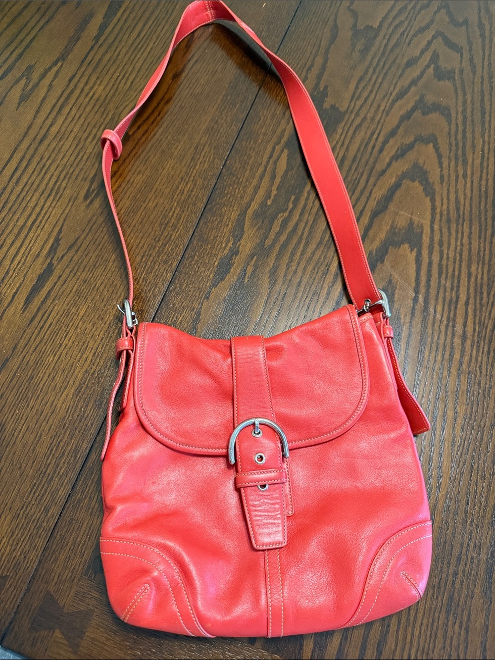 Coach Coral Red Leather Crossbody with Buckle